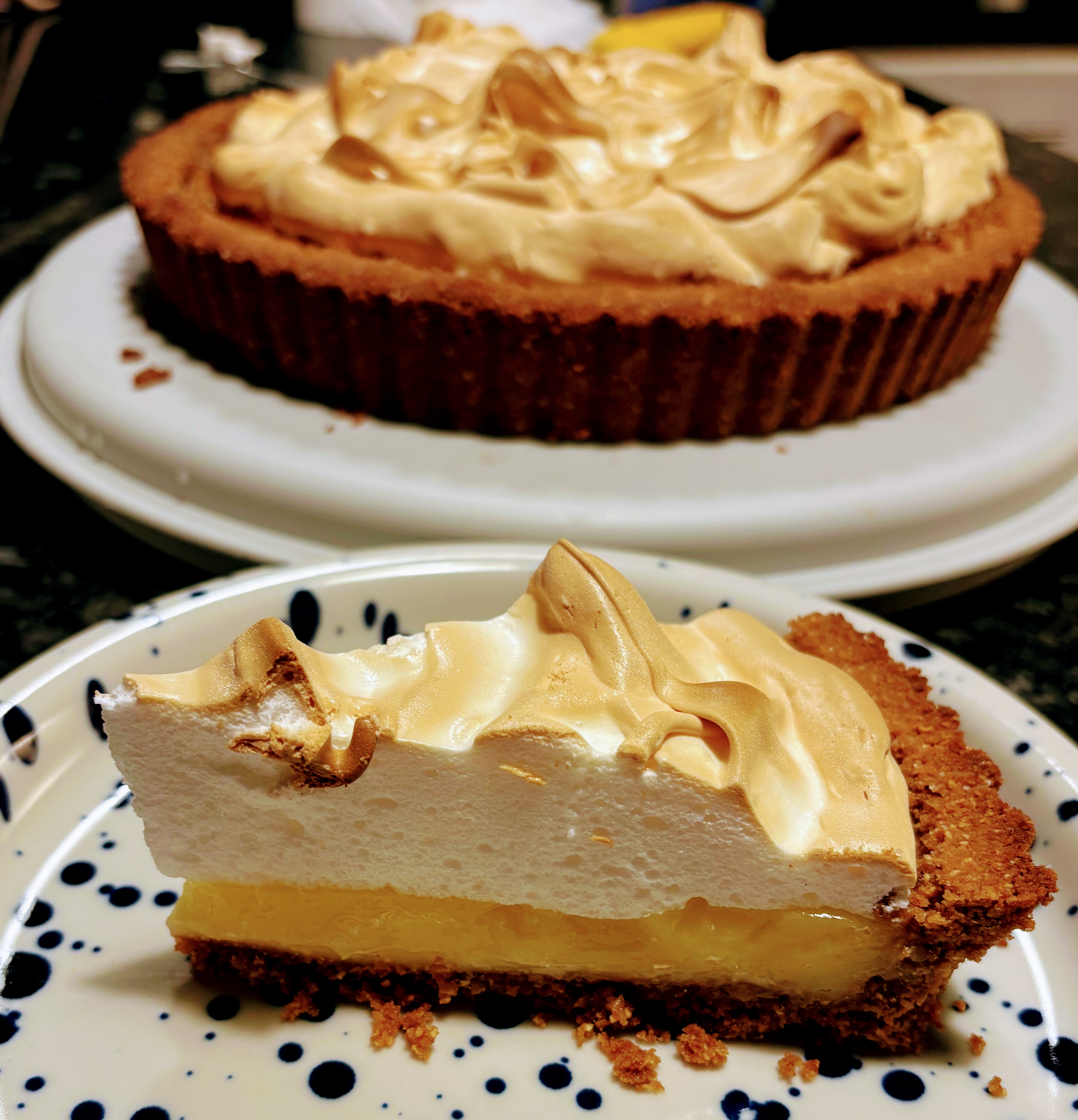 Lemon meringue pie, brown butter spiced cookie crust