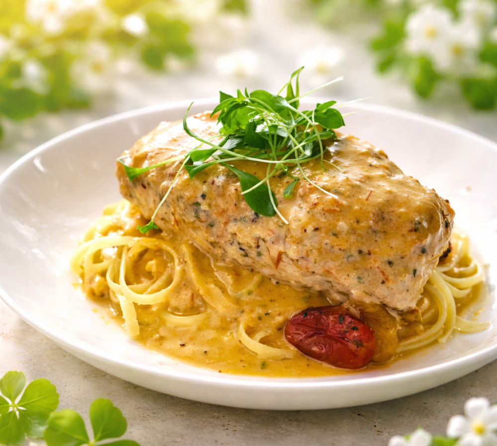 Stuffed chicken on pasta